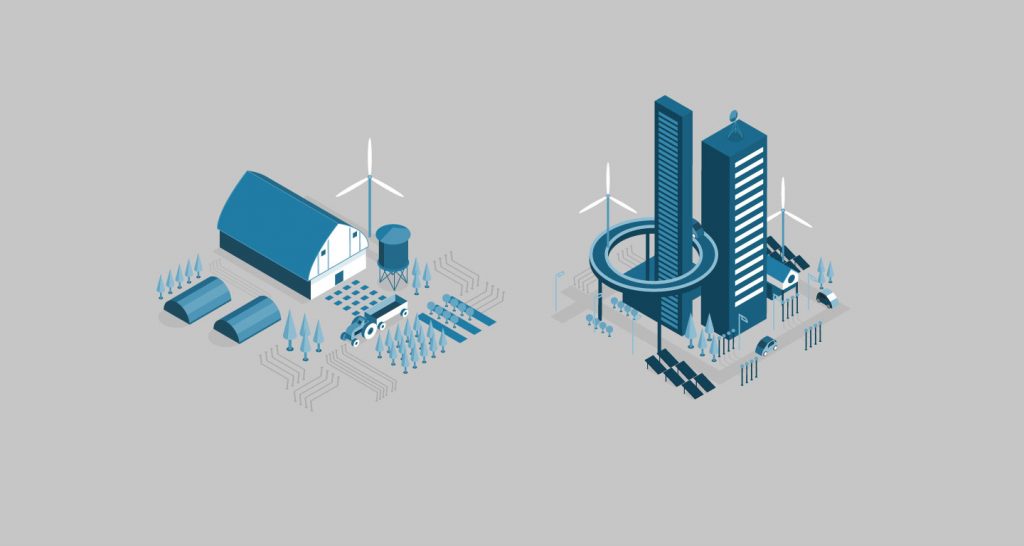 5G animated explainer video isometric modern farm and smart city illustrations