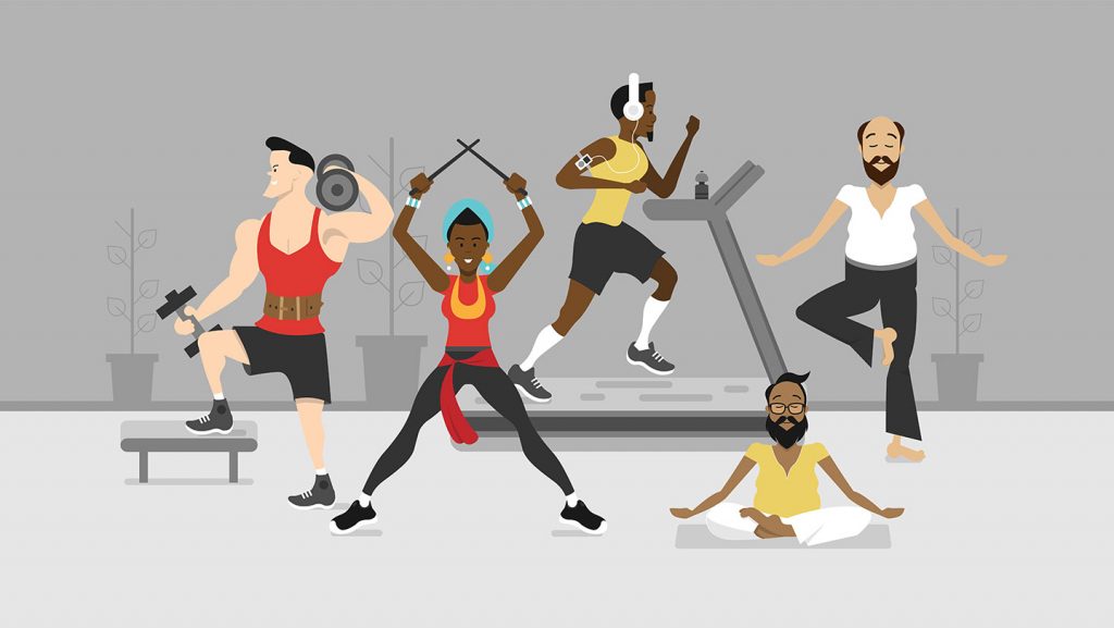 Illustration of Heritage video characters exercising together in the gym 