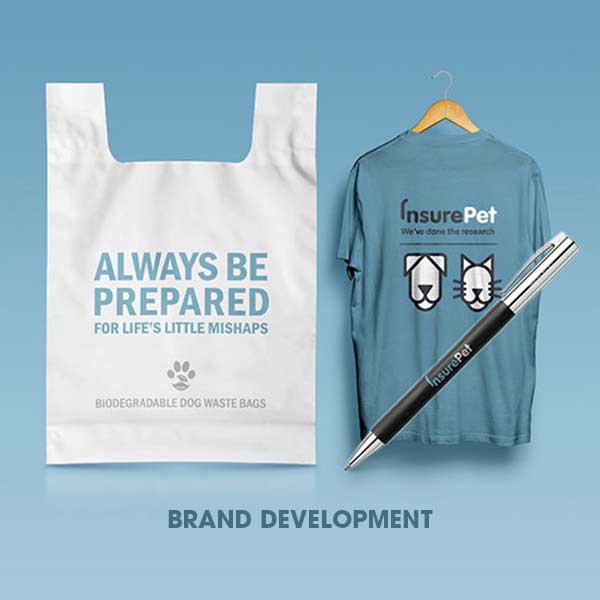 brand identity thumbnail image depicting the InsurePet branding applied to a t-shirt and shopping bag