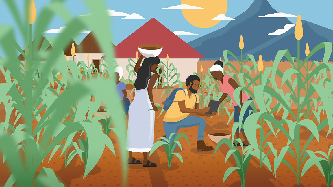 Climate change explainer video style frame illustration of a dark skinned male scientist kneeling down sharing climate change adaptation strategies with female farmers in Africa