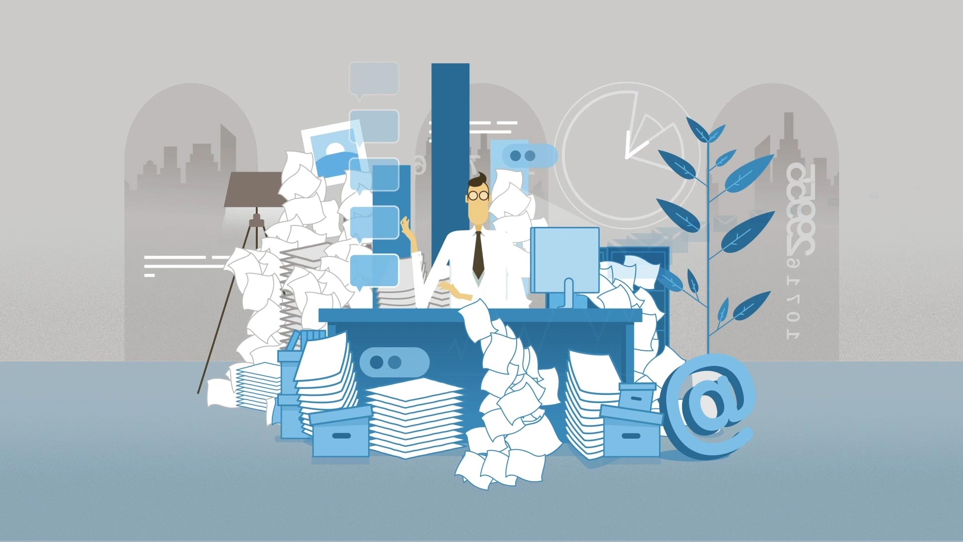 A man sitting at his desk buried under a mountain of paperwork