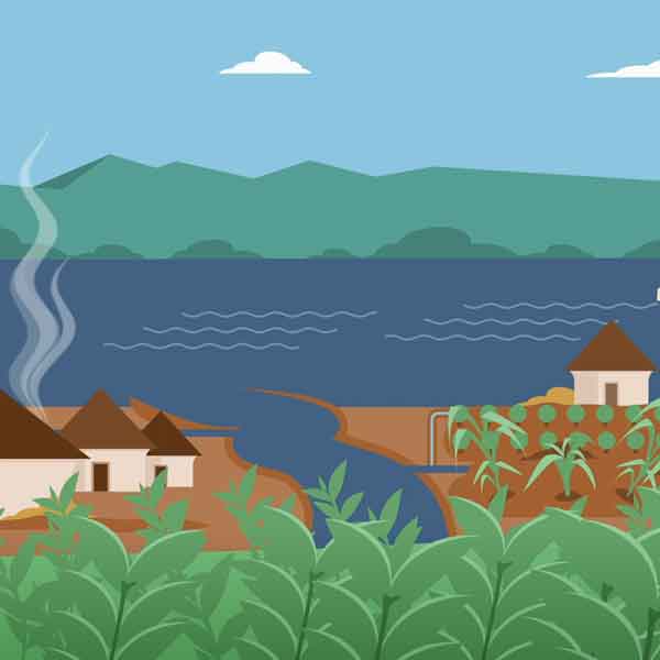 Rural African lake village illustration