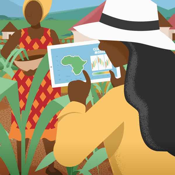 A dark skinned female scientist analysing data in a crop field in Africa studying climate change