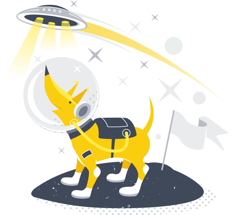 Illustration of a dog astronaut watching a spacecraft flying by, depicting the concept of bringing brands to life.