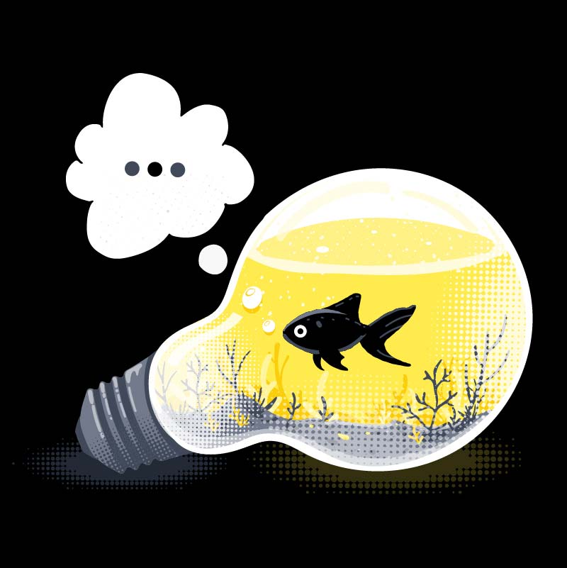 A black fish floating inside a lightbulb A black fish floating inside a lightbulb