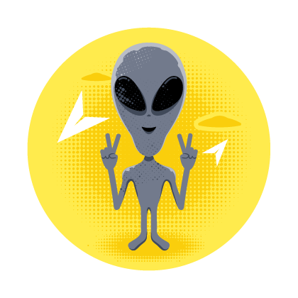 Illustration of a friendly grey alien making a peace sign, surrounded by paper aeroplanes and flying saucers in the background.