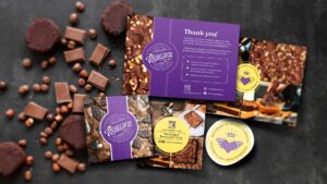 Various thank you cards scattered around chocolate pieces and brownies