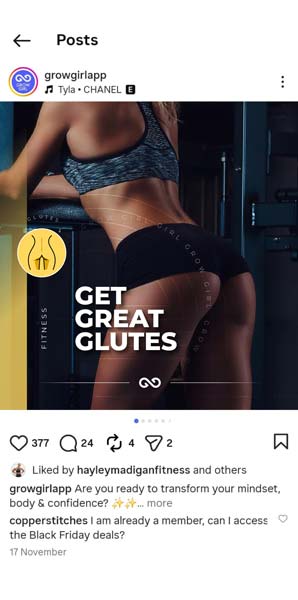 An instagram post example showing a woman with a sexy buttocks performing a glute exercises wearing revealing gym shorts