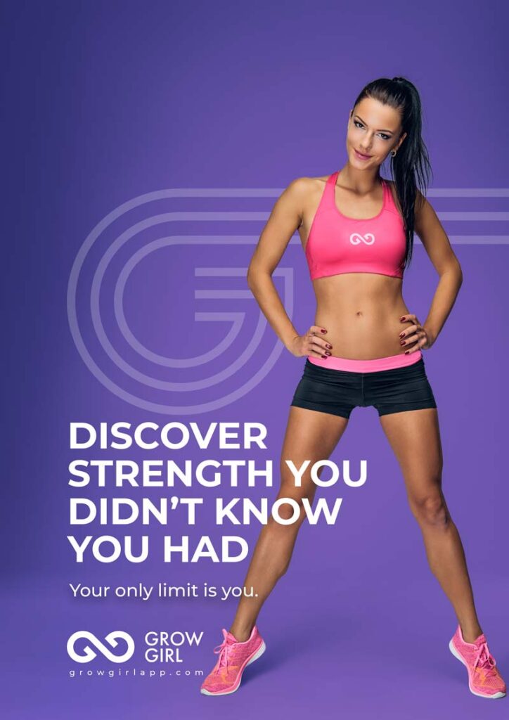 Poster of a beautiful female personal trainer wearing a pink bra vest and tight shorts