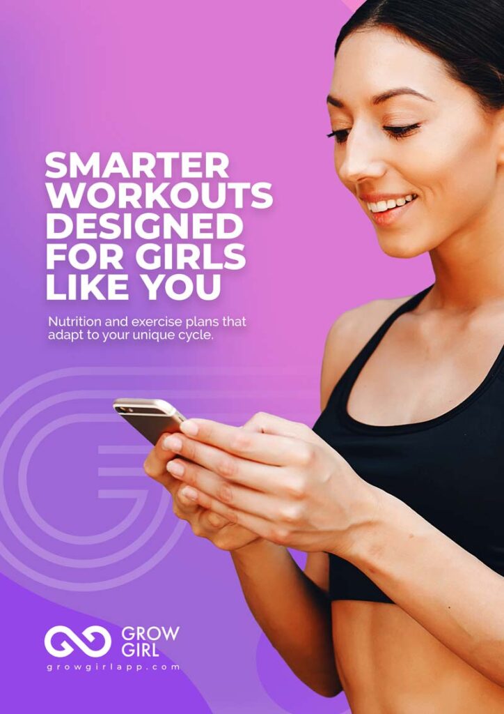 female personal trainer branding poster of a beautiful brunette gym girl smiling while scrolling on her phone dressed in a black bra vest.