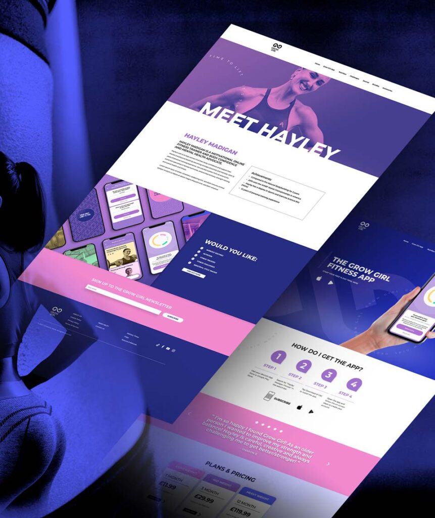 Female personal trainer website page design with purple background