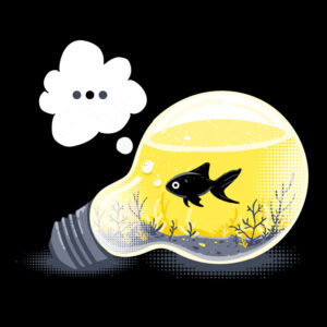Black fish inside a lightbulb illustration representing creativity and freelance graphic design.