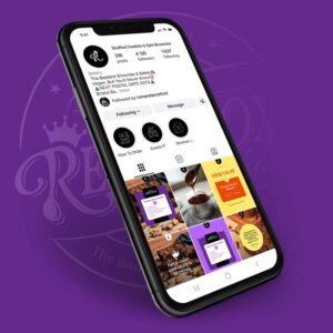 Social media phone mockup on a dark purple background