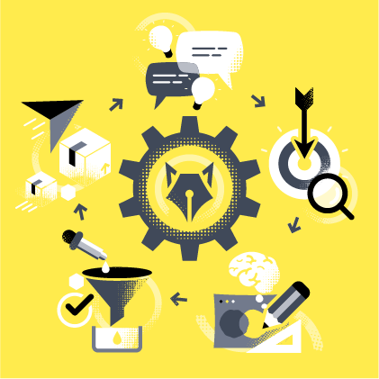 Creative process illustration featuring a cog surrounded by icons representing the graphic design workflow.