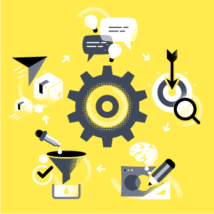 Creative process illustration featuring a cog surrounded by icons representing the graphic design workflow.