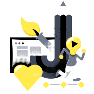 Illustration of a lightbulb-headed character running across animation keyframes, surrounded by design tools, symbolising freelance graphic design and creativity.