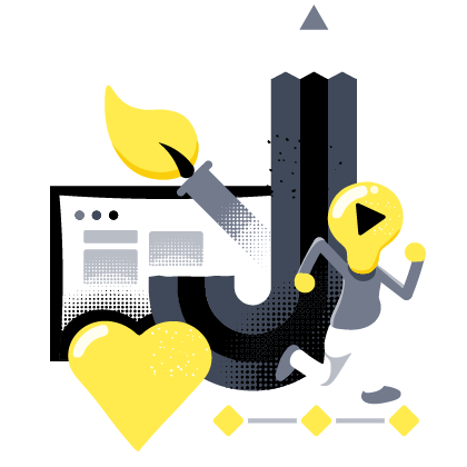 Illustration of a lightbulb-headed character running across animation keyframes, surrounded by design tools, symbolising freelance graphic design and creativity.